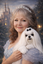 Portrait of the Storybook Maltese breeder holding a fully grown adult Maltese, reflecting a lifelong commitment to ethical breeding, gentle temperament, and classic Maltese beauty.