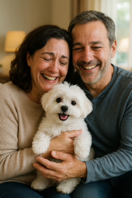 Happy couple welcoming their Storybook Maltese puppy into their home with love and care