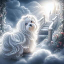 Rainbow Bridge illustration of a Maltese among clouds beside a staircase