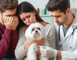 Grieving family saying goodbye to their Maltese at the veterinary clinic—an emotional farewell filled with love and heartbreak