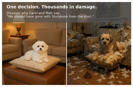 Original illustrated comparison: a Maltese on an intact armchair beside a dog amid torn upholstery and debris