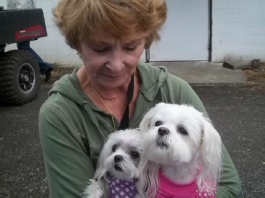 Carol Fee with Bella and Hope, her two Storybook Maltese