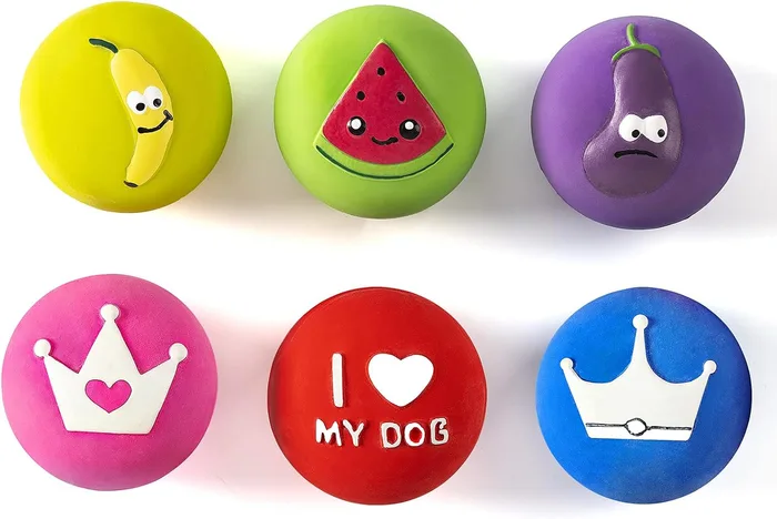 Pawdoer Fruit & Crown squeaky balls, Small; 2.2 in diameter x 1.3 in high; Fruit&Crown; 6 pack