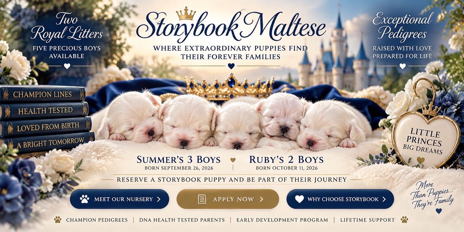 Storybook Maltese's five sleeping boy puppies. Two royal litters: Summer's 3 boys, born September 26, 2026, and Ruby's 2 boys, born October 11, 2026. Champion pedigrees, DNA health-tested parents, early development program, and lifetime support.