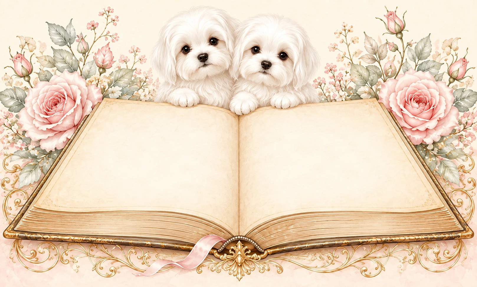 Two Maltese puppies peeking over the far edge of a large open book, presenting its blank pages, framed by pink roses and gold ornament