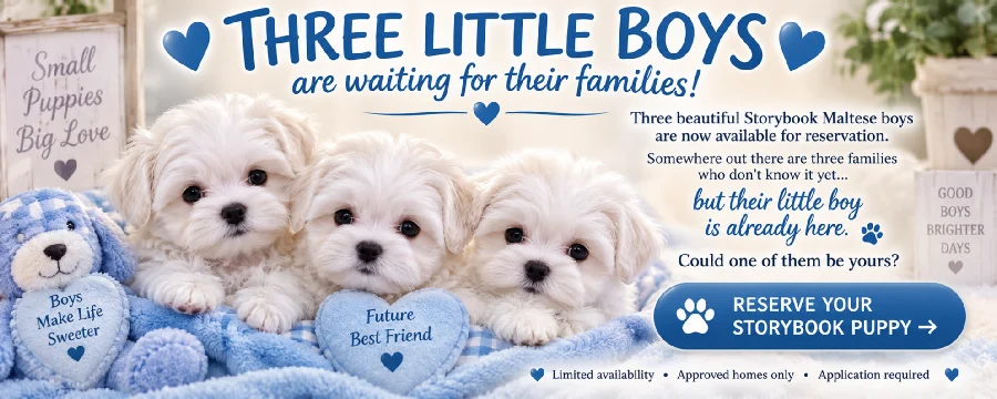 Three little Storybook Maltese boys are waiting for their families