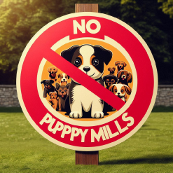 Illustration of a red No Puppy Mills sign