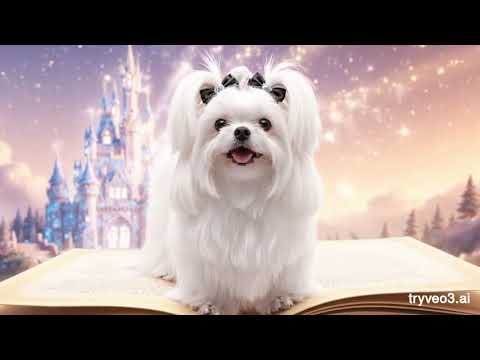 Maltese puppy on an open book in front of a storybook castle